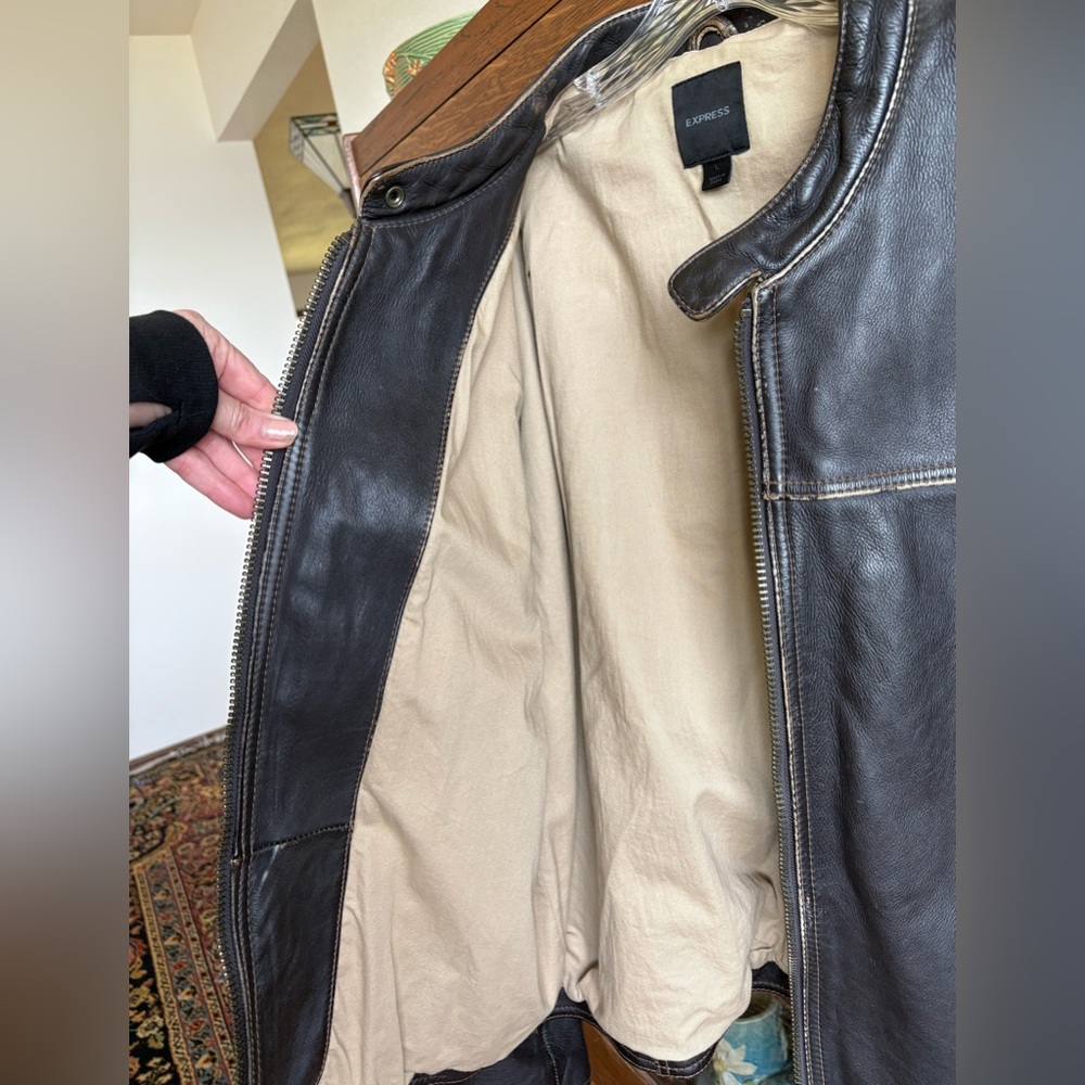 Vintage Brown Bomber Motto Leather Jacket Express Large Distressed Finish 90s. - Picture 6 of 16
